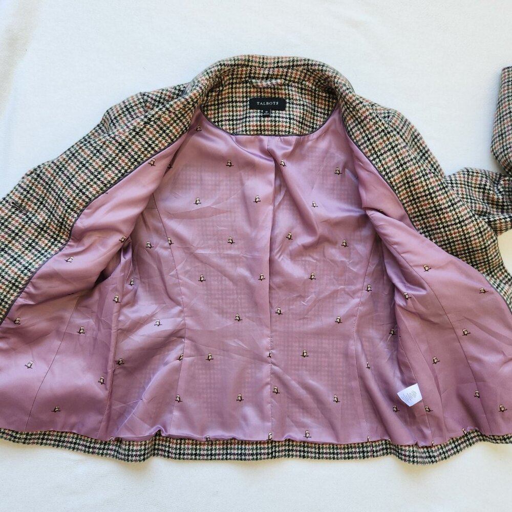 Talbots Houndstooth Check Wool Blazer Owl Print Fall Winter Office Classic 12 - Picture 6 of 11
